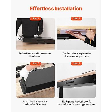 Under-Desk Drawer with Ball-Bearing Slides, Cable Management, Felt Liner for Office Supplies