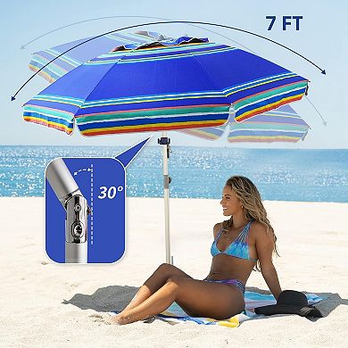 7ft Wind Resistant Beach Umbrella with UV 50+ Protection, Vent Tilt, Portable Sand Anchor