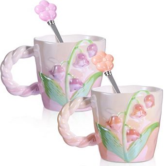 Cute 3D Flower Coffee Ceramic Mugs 13 oz 2 pack