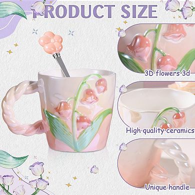 Cute 3D Flower Coffee Ceramic Mugs 13 oz 2 pack