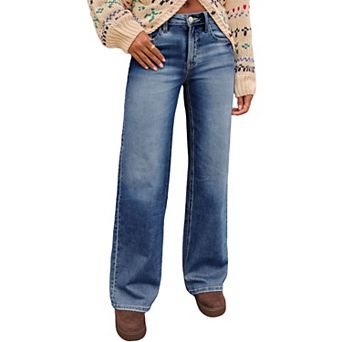 Women's High Waisted Wide Leg Jeans - Soft Stretchy Denim Pants with Vintage Wash Casual Jeans