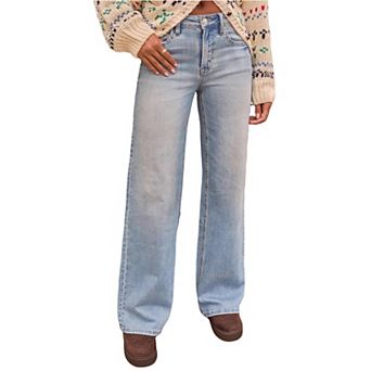 Women's High Waisted Wide Leg Jeans - Soft Stretchy Denim Pants with Vintage Wash Casual Jeans