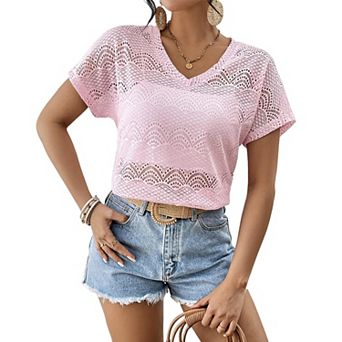Womens Hollow Out Lace V-Neck Batwing Short Sleeve Top Summer Casual Loose Fit Shirt Vacation Blouse