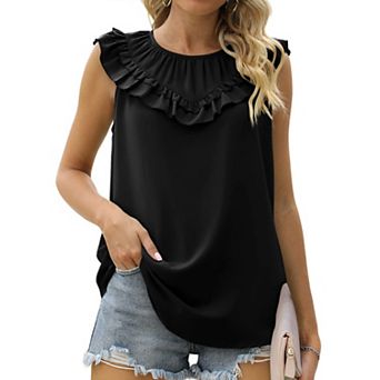 Women's Smocked Pleated Crew Neck Ruffle Sleeveless Shirt Chiffon Blouse Summer Casual Flowy Top