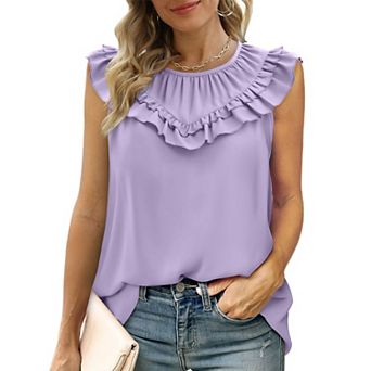 Women's Smocked Pleated Crew Neck Ruffle Sleeveless Shirt Chiffon Blouse Summer Casual Flowy Top