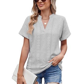 Women Short Sleeve Tops V Neck Eyelet Shirts Dressy Casual Blouses Summer Tee T-Shirts