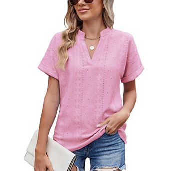 Women Short Sleeve Tops V Neck Eyelet Shirts Dressy Casual Blouses Summer Tee T-Shirts