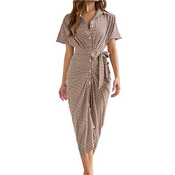 Women Geometric Print Shirt Dress Short Sleeve Button Down Midi Dress with Waist Tie