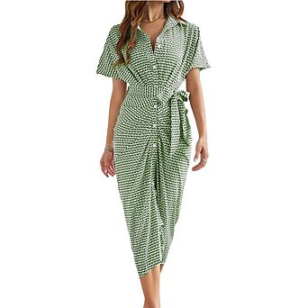 Women Geometric Print Shirt Dress Short Sleeve Button Down Midi Dress with Waist Tie