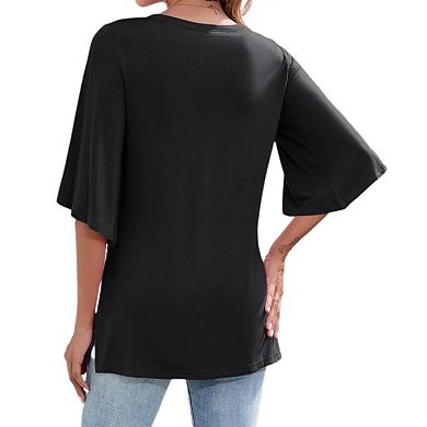 Women's 3/4 Bell Sleeve V Neck Loose Fit Tunic Tops