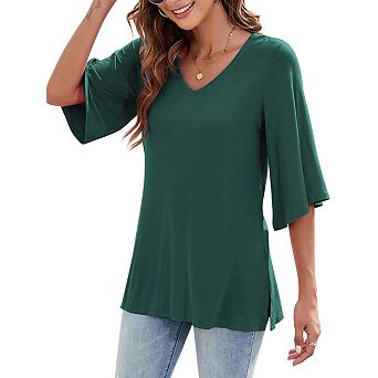 Women's 3/4 Bell Sleeve V Neck Loose Fit Tunic Tops