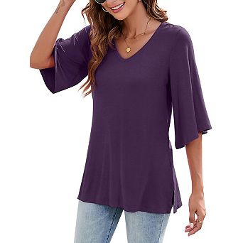 Women's 3/4 Bell Sleeve V Neck Loose Fit Tunic Tops