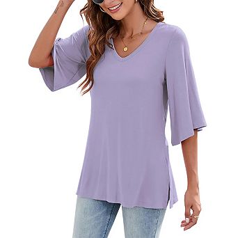 Women's 3/4 Bell Sleeve V Neck Loose Fit Tunic Tops