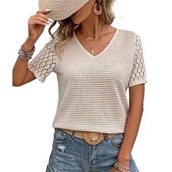 Women's Summer Crochet Lace Short Sleeve Boho Loose Shirt V-Neck Top Textured Casual Work Blouse