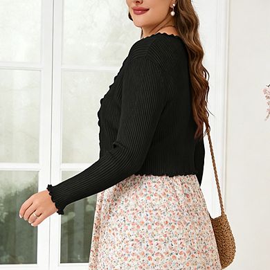 Women's Plus Size Ruffled Trim Cardigan V Neck Button Down Lightweight Long Sleeve Summer Cardigan