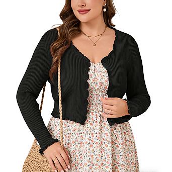 Women's Plus Size Ruffled Trim Cardigan V Neck Button Down Lightweight Long Sleeve Summer Cardigan