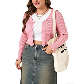 Women's Plus Size Ruffled Trim Cardigan V Neck Button Down Lightweight Long Sleeve Summer Cardigan