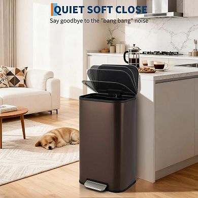 Kitchen Stainless Steel Trash Can, Garbage Can with Soft-Close Lid, Foot Pedal and Inner Bucket