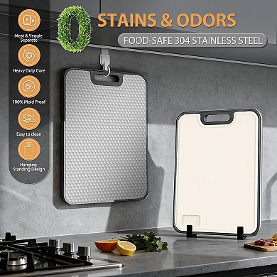 2PC Double Sided Stainless Steel Wheat Straw Chopping Board Juice Grooves Dishwasher Safe