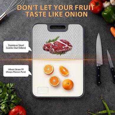 2PC Double Sided Stainless Steel Wheat Straw Chopping Board Juice Grooves Dishwasher Safe