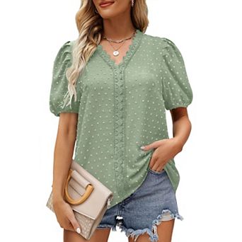 Women's Swiss Dot Lace Trim V Neck Boho Shirt Puff Short Sleeve Summer Casual Blouse Loose Boho Top