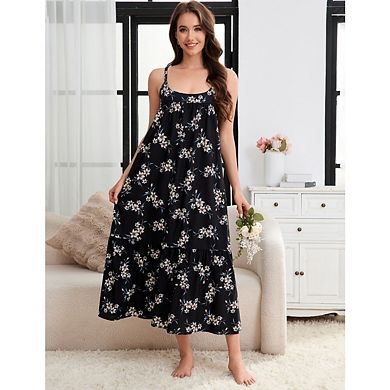 Women’s Spaghetti Strap Printed Nightgown, Layered Patchwork Loose Fit Cake Dress Robe