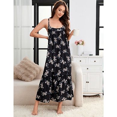 Women’s Spaghetti Strap Printed Nightgown, Layered Patchwork Loose Fit Cake Dress Robe