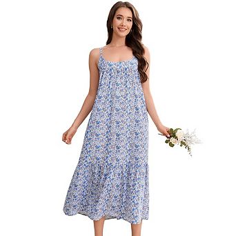 Women’s Spaghetti Strap Printed Nightgown, Layered Patchwork Loose Fit Cake Dress Robe