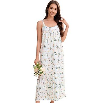 Women’s Spaghetti Strap Printed Nightgown, Layered Patchwork Loose Fit Cake Dress Robe
