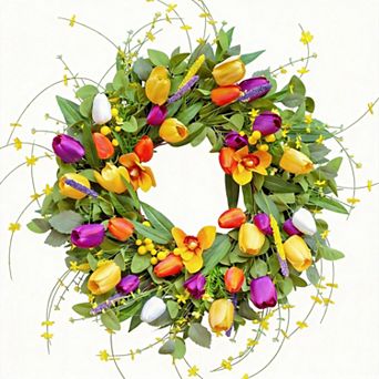 24" Spring Artificial Colorful Tulip Wreath Home Decor