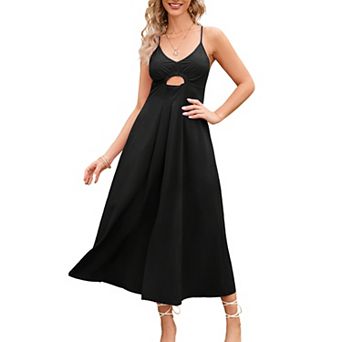 Women's Summer Cutout Sleeveless V Neck Midi Cami Dress Pleated Vacation Casual Long Maxi Dress