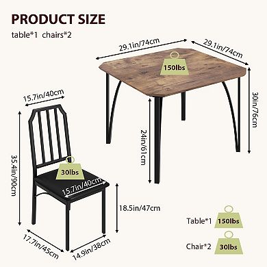Modern Square Dining Table Set for 2 with Upholstered Chairs, Chamfer Design, for Apartment