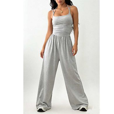 Women's Sleeveless Halter Wide Leg Jumpsuit, Solid Color Ruched Waist Office Jumpsuit