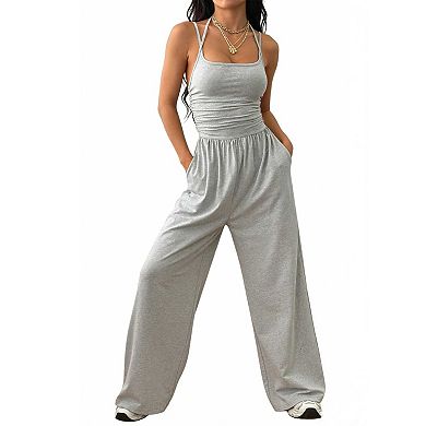 Women's Sleeveless Halter Wide Leg Jumpsuit, Solid Color Ruched Waist Office Jumpsuit