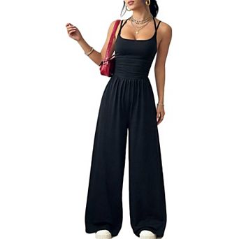 Women's Sleeveless Halter Wide Leg Jumpsuit, Solid Color Ruched Waist Office Jumpsuit