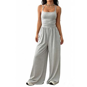Women's Sleeveless Halter Wide Leg Jumpsuit, Solid Color Ruched Waist Office Jumpsuit