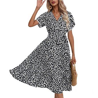 Women Floral V-Neck Midi Dress Short Sleeve Wrap Belted Ruffle Hem Split Summer Dress