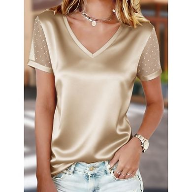 Women's Satin V-Neck Blouse Sheer Mesh Short Sleeves Casual Elegant Evening Top