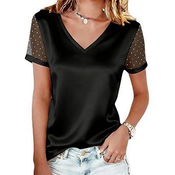Women's Satin V-Neck Blouse Sheer Mesh Short Sleeves Casual Elegant Evening Top