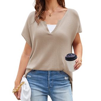 Women's Summer Casual V Neck Dolman Short Sleeve Knit Sweater Top Side Slit Shirt Loose Blouse