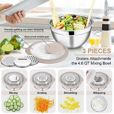 3pcs Mixing Bowls with Lids & Graters Stainless Steel Nesting Salad Bowl Set 4.6/2.6/1.5QT