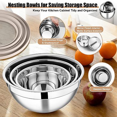 3pcs Mixing Bowls with Lids & Graters Stainless Steel Nesting Salad Bowl Set 4.6/2.6/1.5QT