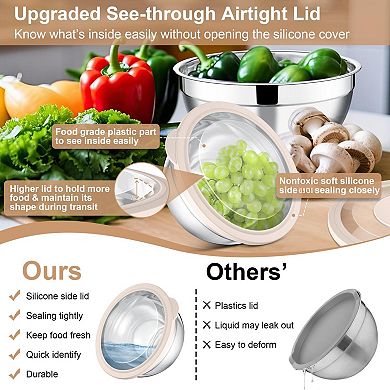 3pcs Mixing Bowls with Lids & Graters Stainless Steel Nesting Salad Bowl Set 4.6/2.6/1.5QT