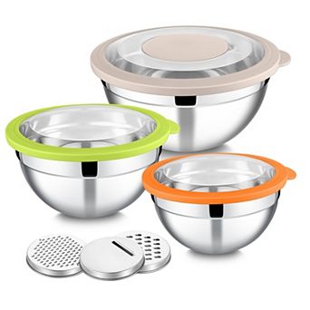 3 pc Mixing Bowls with Lids & Graters Stainless Steel Nesting Salad Bowl Set 4.6/2.6/1.5QT