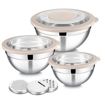3 pc Mixing Bowls with Lids & Graters Stainless Steel Nesting Salad Bowl Set 4.6/2.6/1.5QT