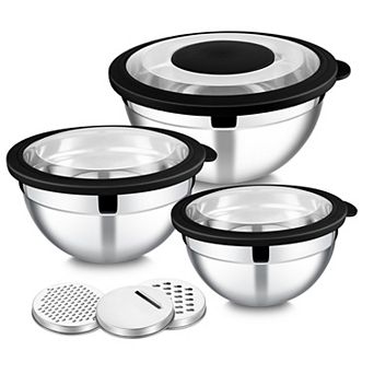 3 pc Mixing Bowls with Lids & Graters Stainless Steel Nesting Salad Bowl Set 4.6/2.6/1.5QT