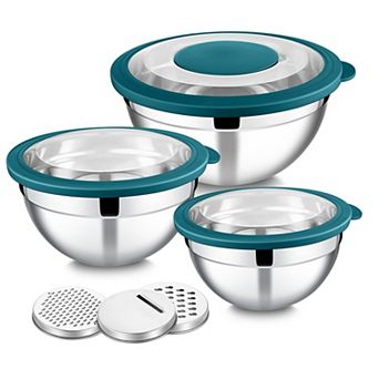 3 pc Mixing Bowls with Lids & Graters Stainless Steel Nesting Salad Bowl Set 4.6/2.6/1.5QT