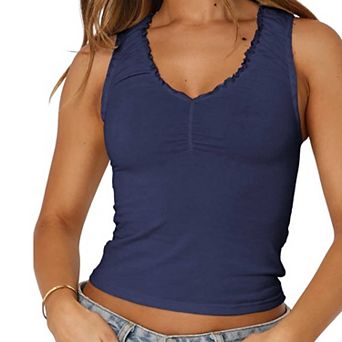 Women's Ruched Ruffle Trim Crop Top, Y2K Inspired Slim Fit Tank