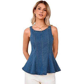 Women's Denim Peplum Tank Top, Summer Stretch Sleeveless Slim Fit Jean Blouse with 4/5 Back Zipper