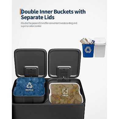 Double Trash Can with Lid, Large Dual Trash and Recycle Bin Combo, Step-on Garbage Cans